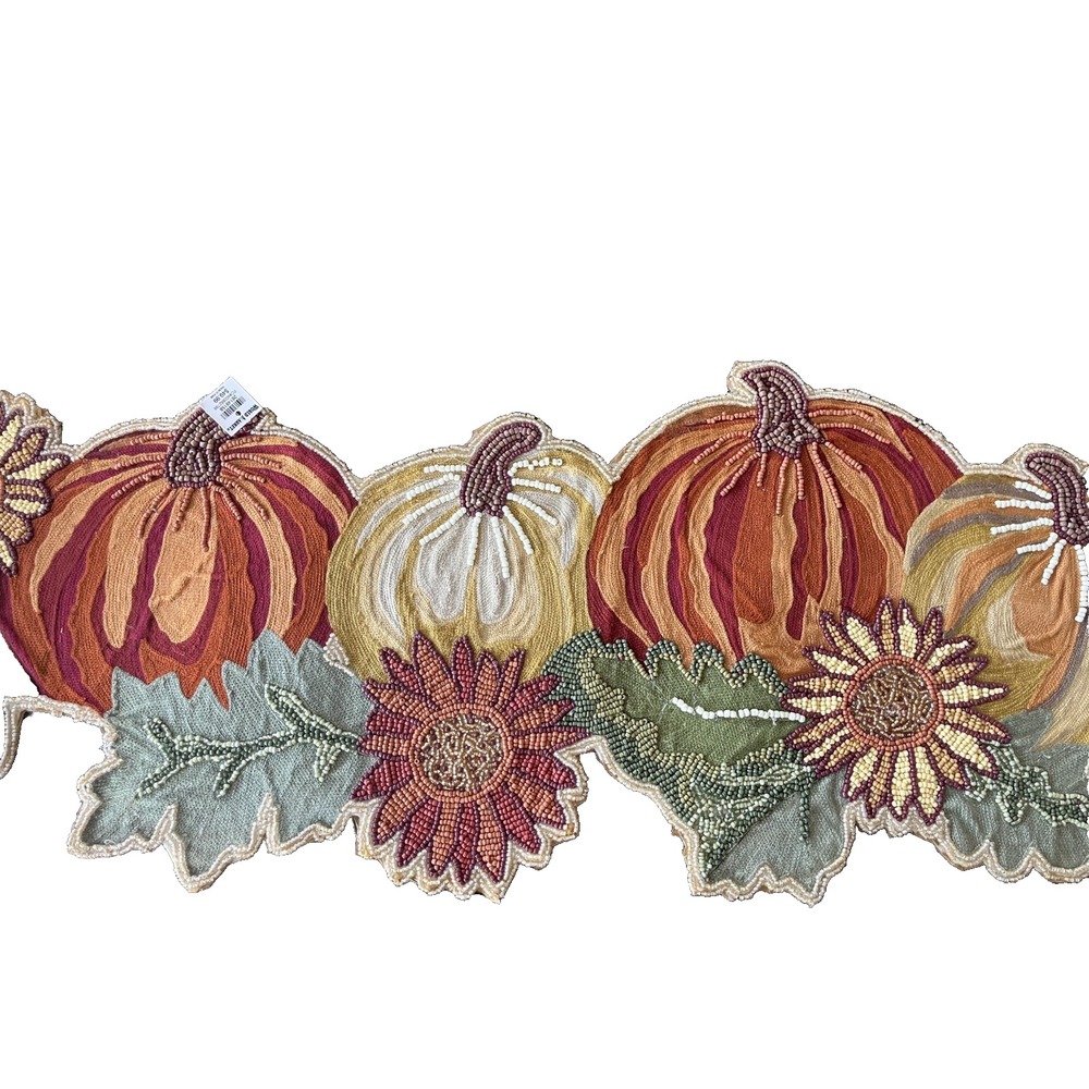 World Market Beaded Harvest Table Runner Fall Pumpkins Earthy Neutral Floral New